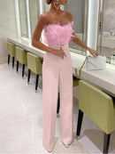 Women’s Jumpsuit Elegant Ceremony Feather Tube Top Wide Leg Pants-4