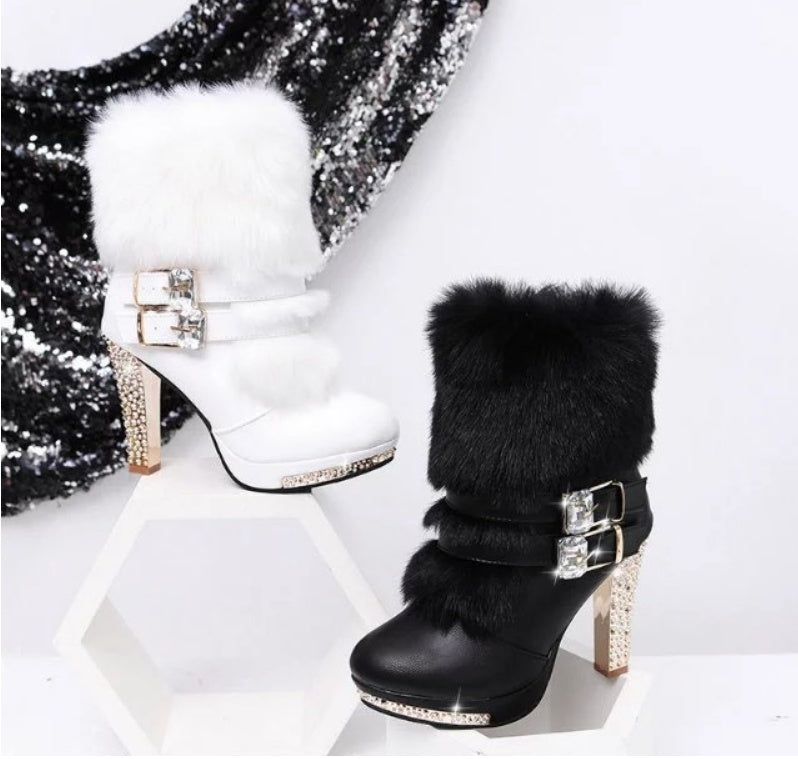 Women's Boots rhinestone fur high heels elegant, warm, comfort