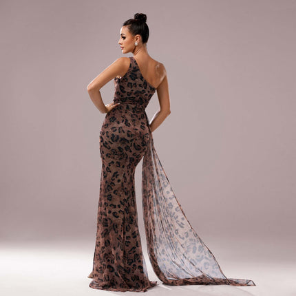 Women’s Gowns Sequined Elegant One Shoulder Leopard Evening Dress