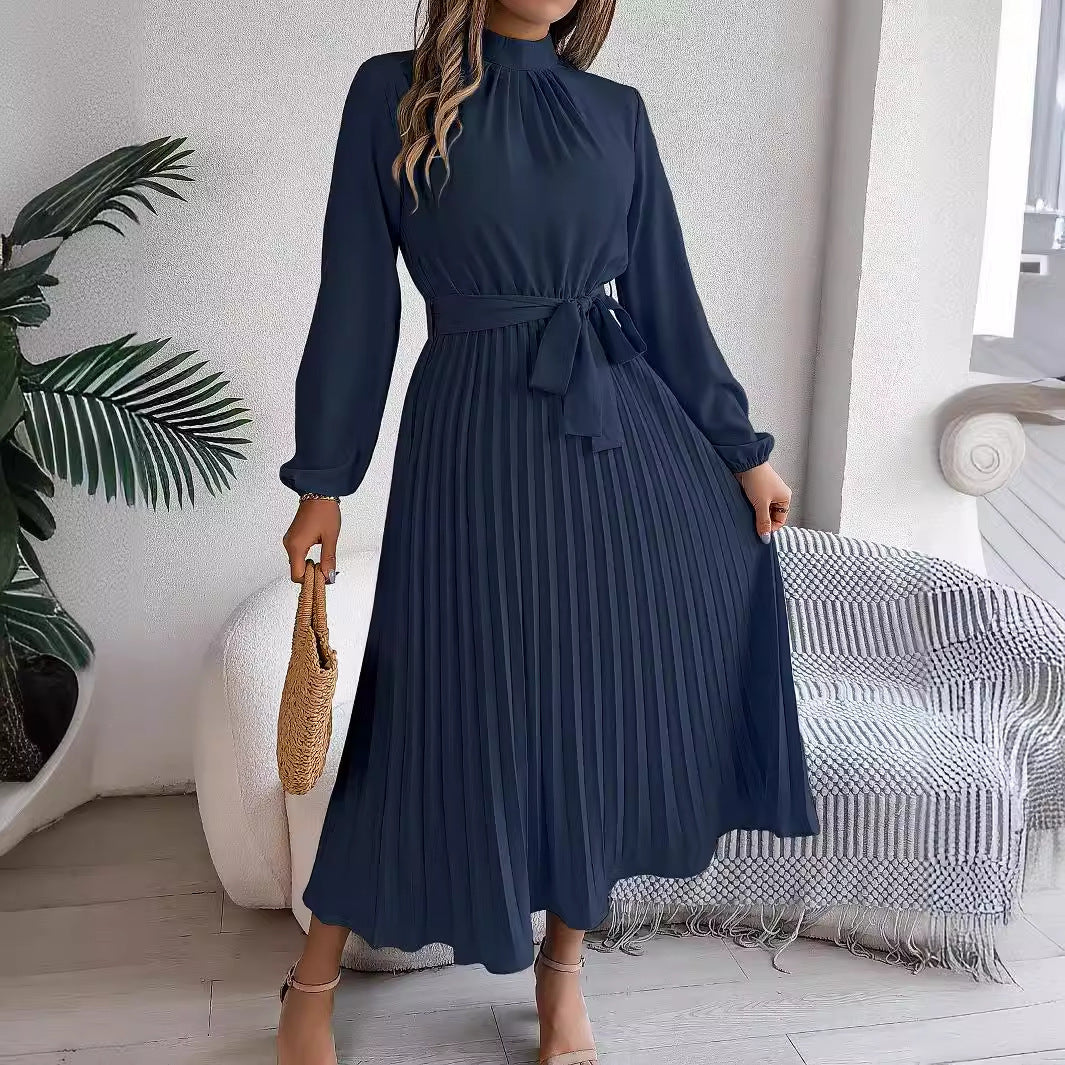 Women's dress flared pleated elegant belted long sleeve stand collar