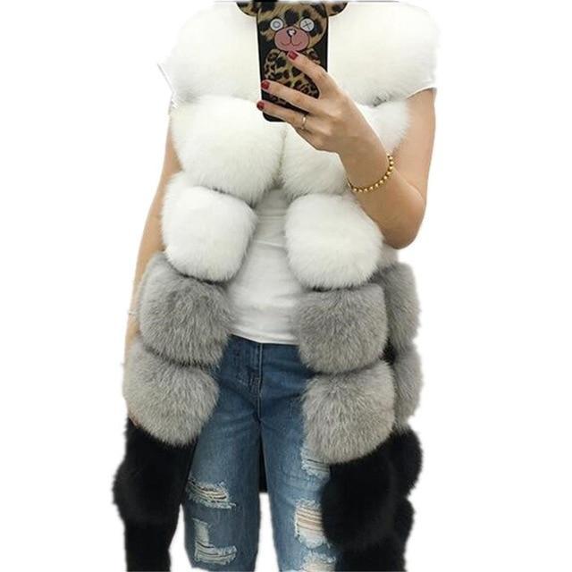 Women's Vest Coat in fox fur with square panels elegant long and warm