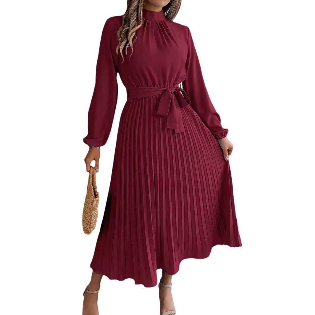 Women's dress flared pleated elegant belted long sleeve stand collar