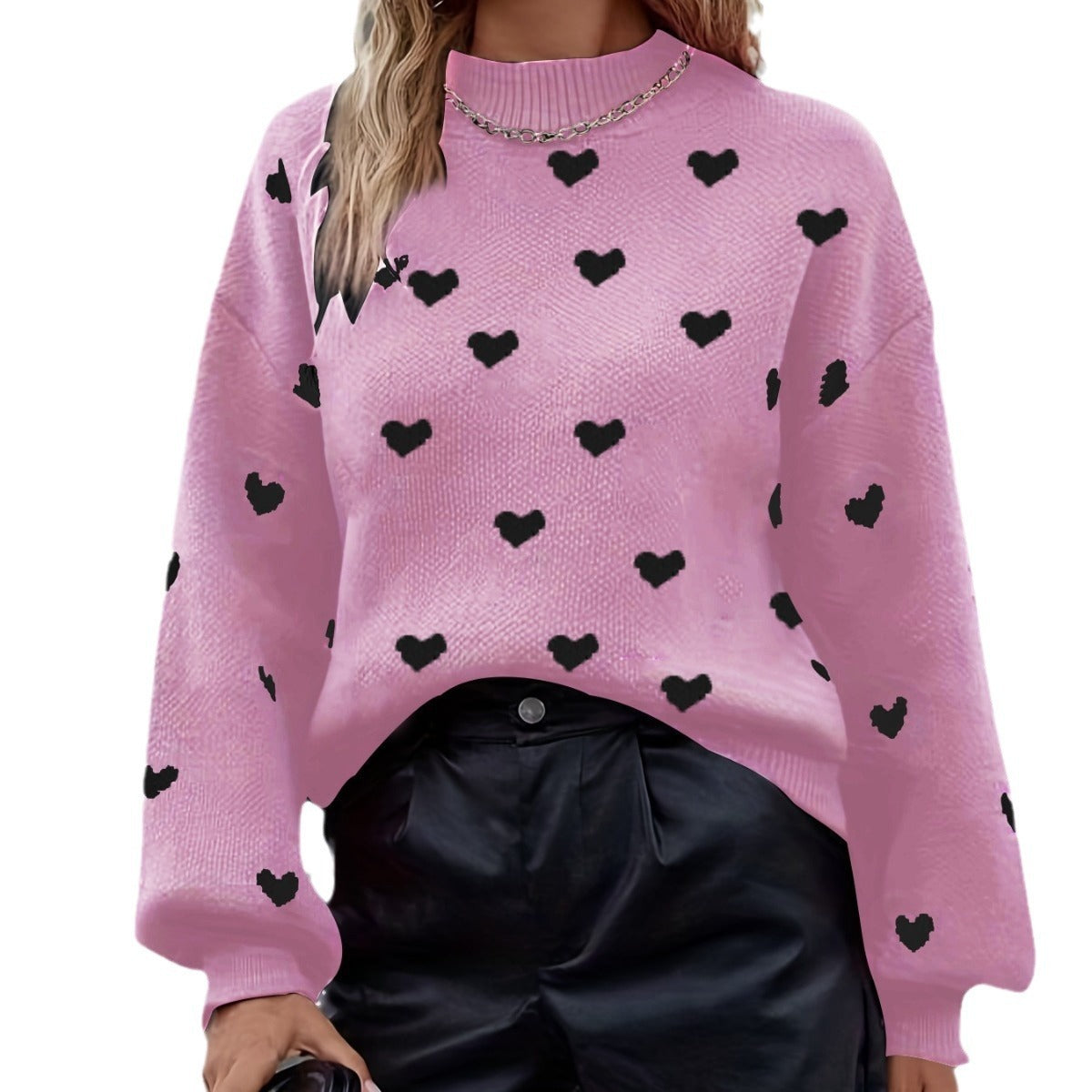 Women's sweater knitted puff sleeves, round neck, heart pattern