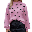 Women's sweater knitted puff sleeves, round neck, heart pattern