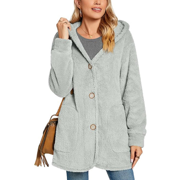 Women's cardigan jacket buttoned with hood with pockets long sleeves casual