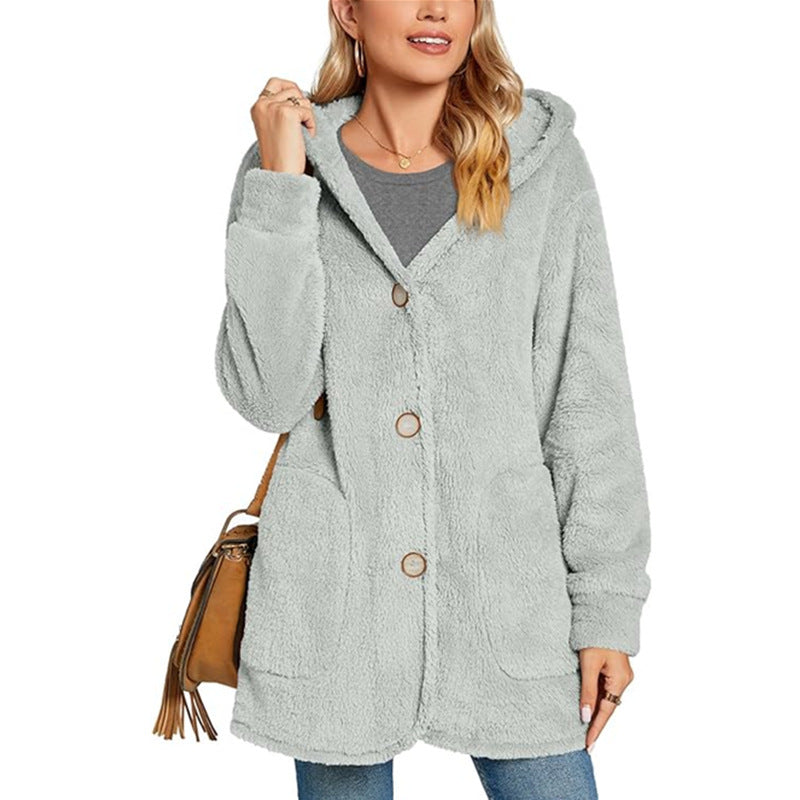 Women's cardigan jacket buttoned with hood with pockets long sleeves casual