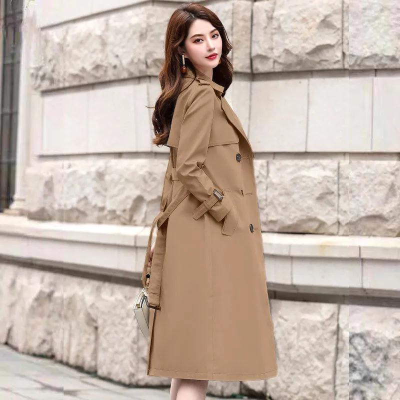 Women's trench coat over knee with belt double-breasted