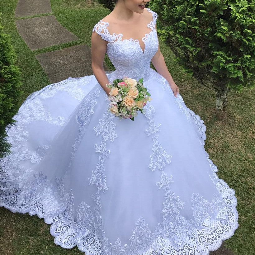 Wedding Dress Princess elegant ,white lace, round neck backless, sexy