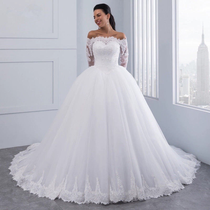 White wedding dress, elegant ,embroidered flowers, lace train