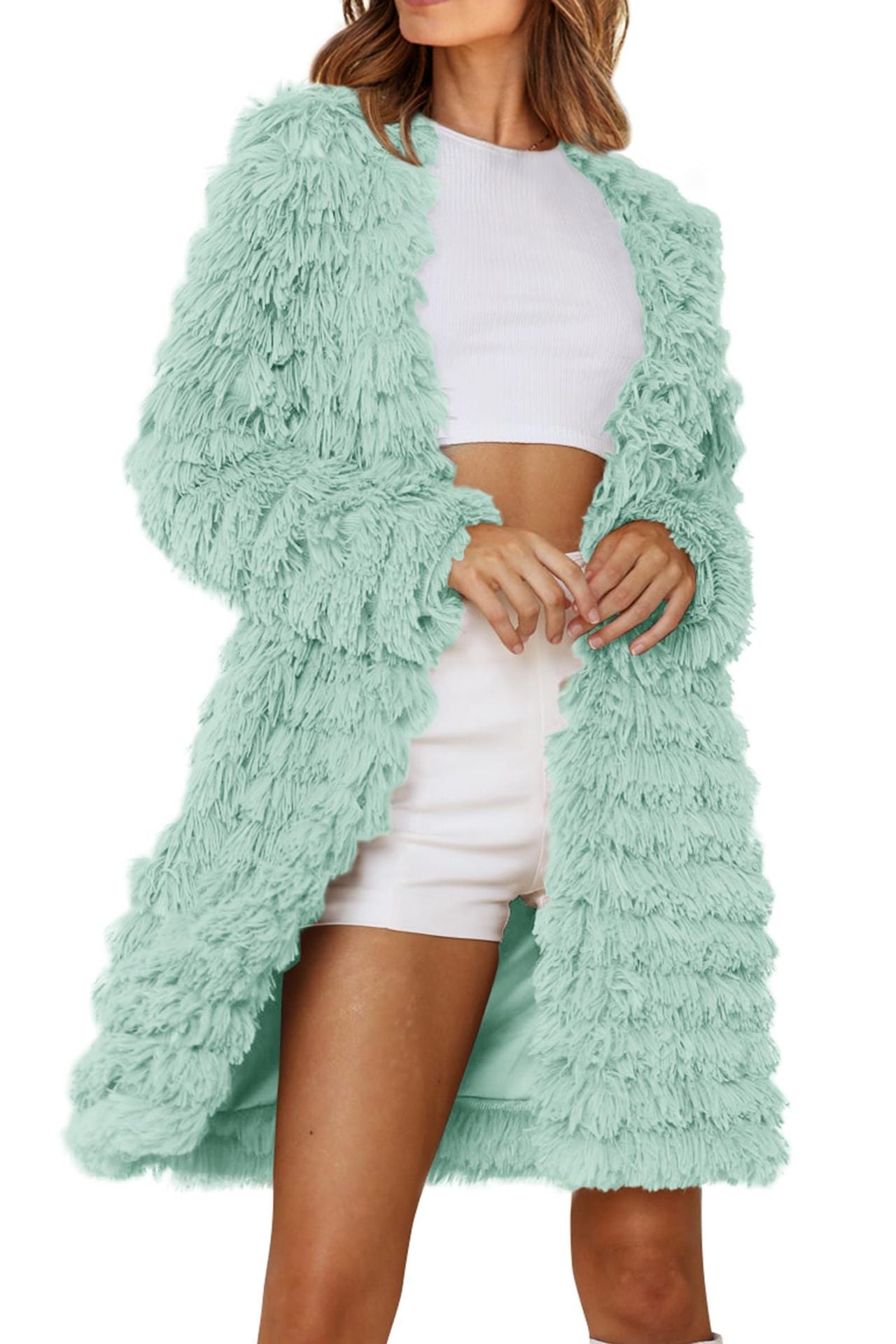 Women's jackets faux fur long sleeve Long cardigan open on the front