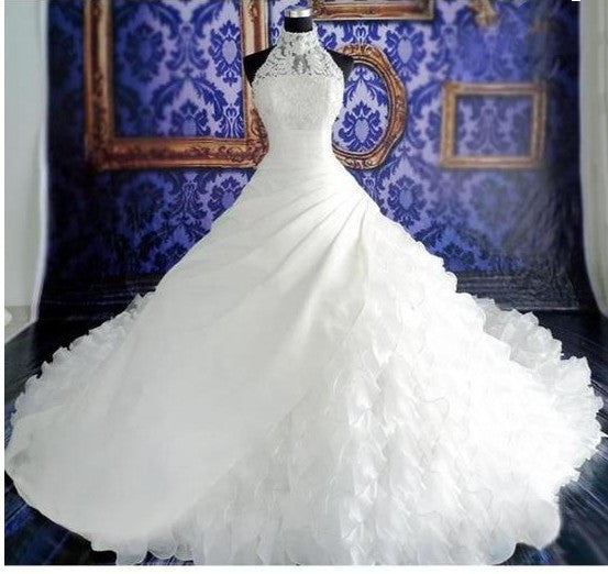 Wedding dress transparent luxury elegant with lace appliques, big tail
