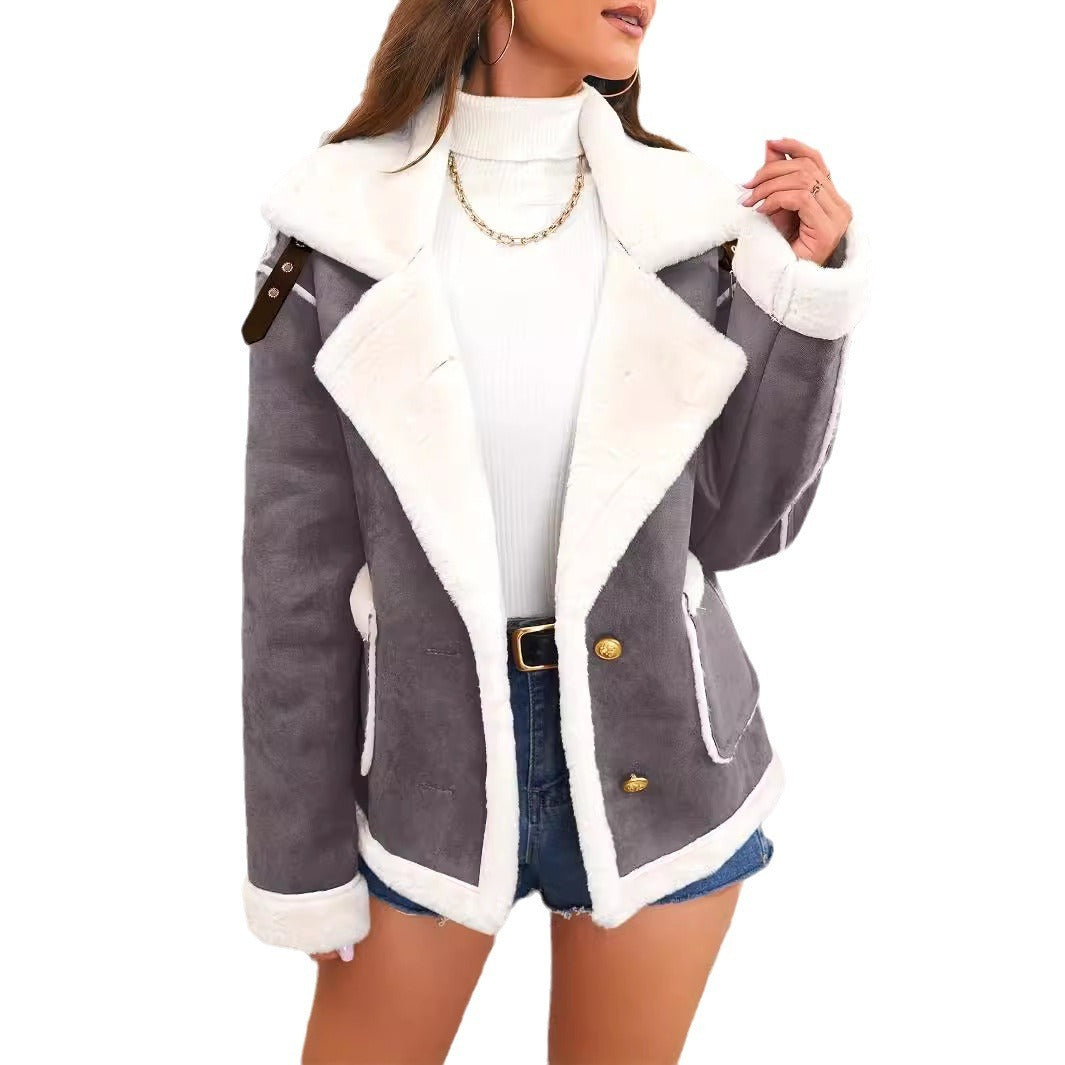 Women's jacket lapel plush lined suede in fleece elegant in faux fur