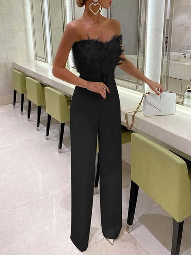 Women’s Jumpsuit Ceremony Elegant Feather Tube Top  Wide Leg Pants