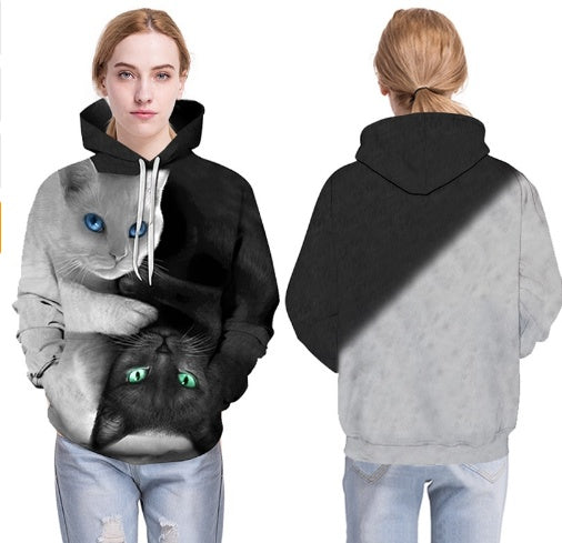 Unisex sweatshirt elegant hooded  cat graphic slightly stretchy