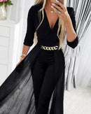 Women’s Jumpsuit Elegant Sheer Mesh V Neck Sexy Layered Bodysuit-2