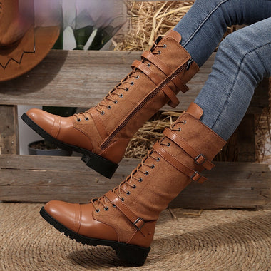 Women’s Mid Boots Square Heel Elegant Round Toe Rivet Belt Buckle