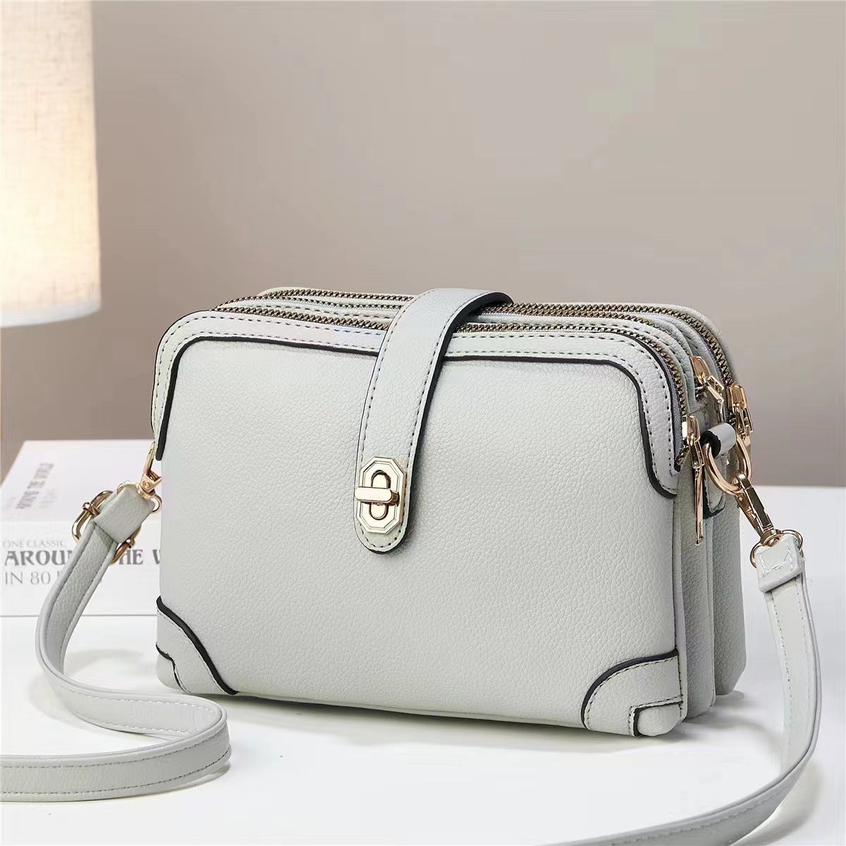 Women's square bag Shoulder Crossbody soft leather multi-layer lychee