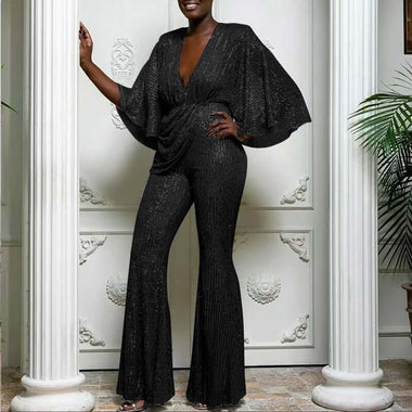 Jumpsuit Sexy Sequined Deep V Neck Large Size for women