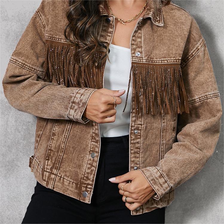 Women's jacket denim fringed elegant brown in rhinestones