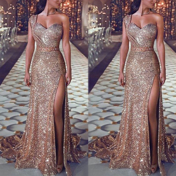 Dress Prom sparkling sequin, one shoulder, sexy high side slit Mermaid