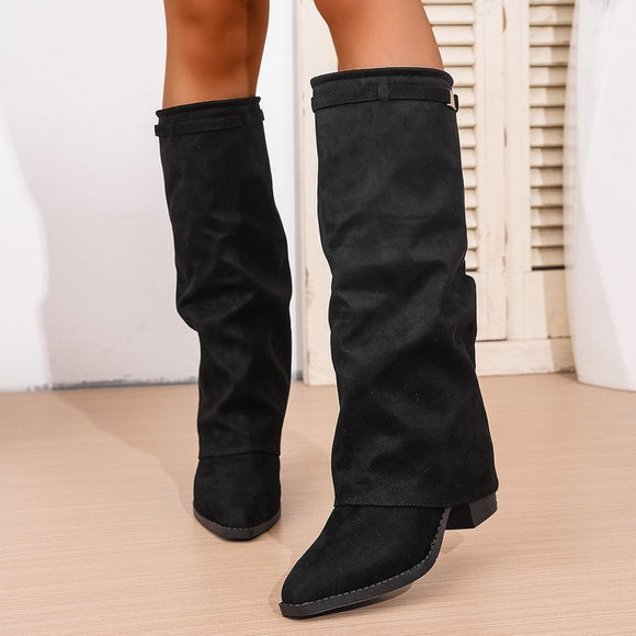 Women’s Boots Elegant High Tube Pointed Toe Pleated Chunky Heel Sleeve