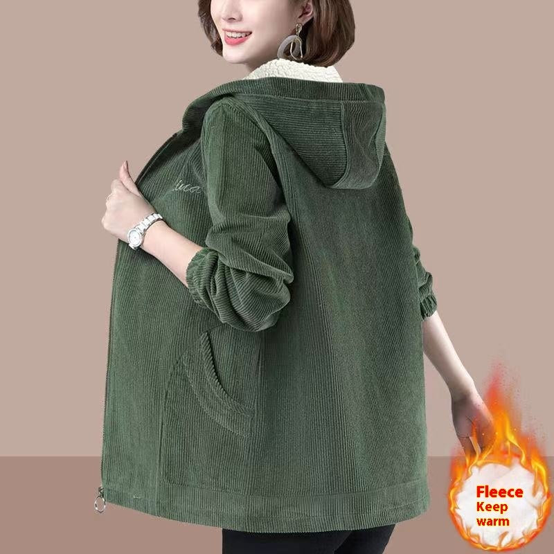 Women's coat corduroy thick fleece lined elegant hooded warm