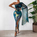 Women's Sexy Maxi Dress Bodycon Slit Elegant Off-the-Shoulder Tie-Dye
