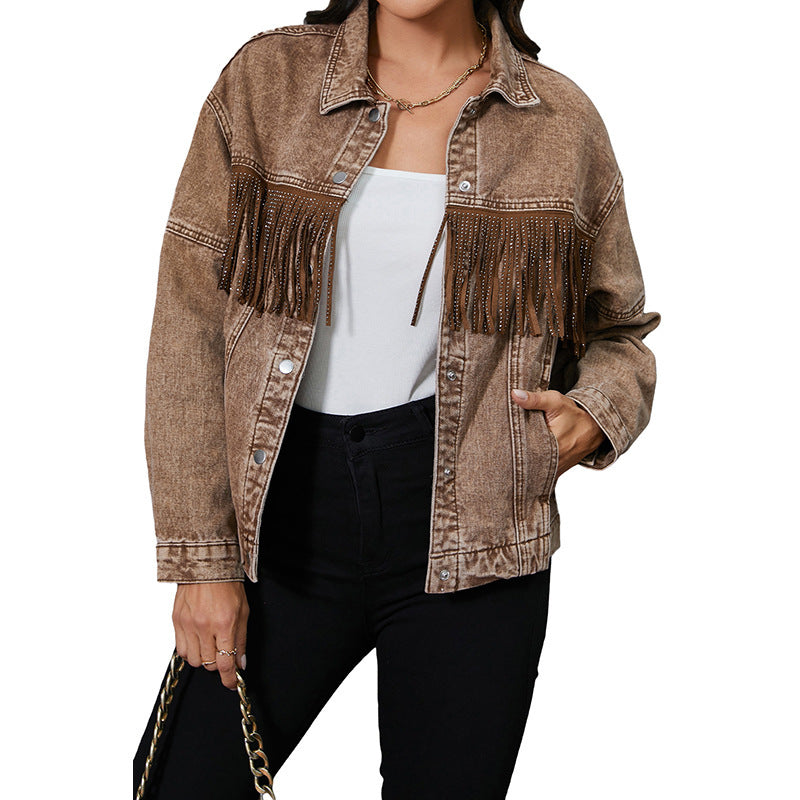 Women's jacket denim fringed elegant brown in rhinestones