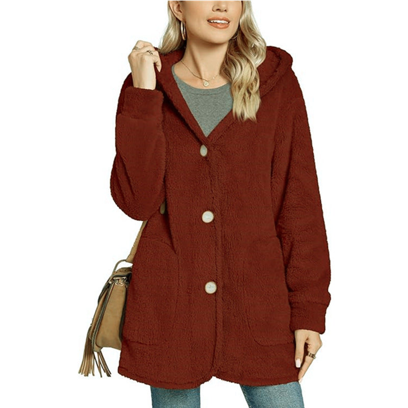 Women's cardigan jacket buttoned with hood with pockets long sleeves casual