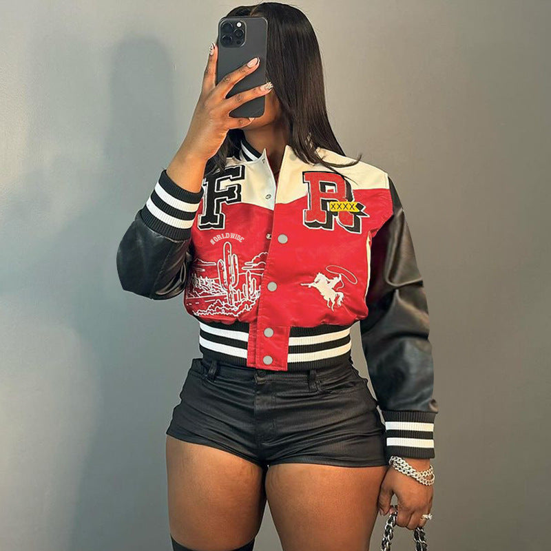 Women's short jacket elegant Patchwork Baseball letters printed slim fit