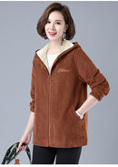 Women's coat corduroy thick fleece lined elegant hooded warm