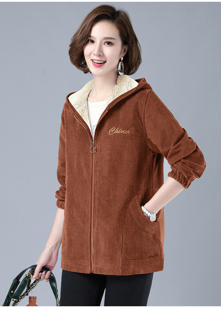 Women's coat corduroy thick fleece lined elegant hooded warm