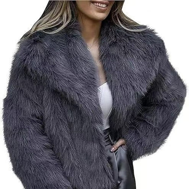 Women's Elegant Faux Fur Coat Shawl Collar Fluffy Plush Short Jacket