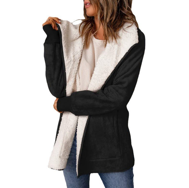 Women's coat warm plush long sleeves trendy open front vintage solid