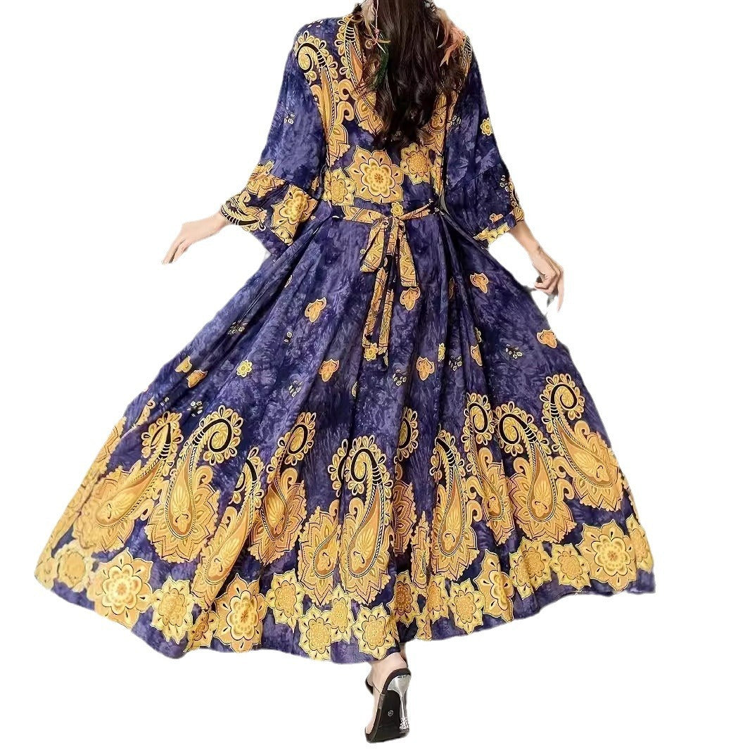 Women's maxi dress bohemian floral print elegant long sleeves