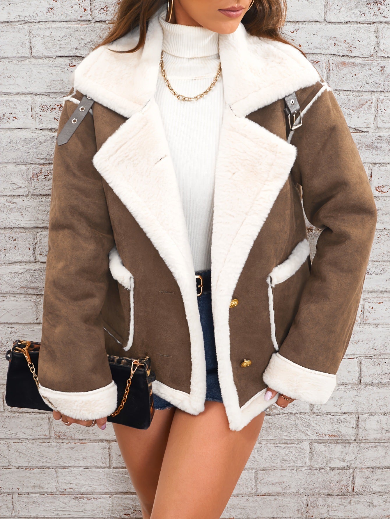 Women's jacket lapel plush lined suede in fleece elegant in faux fur