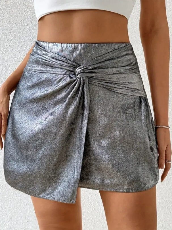 Women's mini skirt elegant pleated with bow metallic