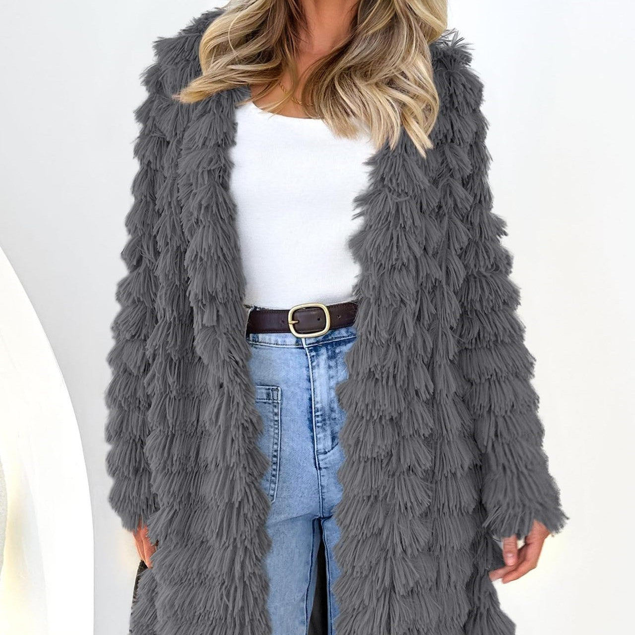 Women's jackets faux fur long sleeve Long cardigan open on the front