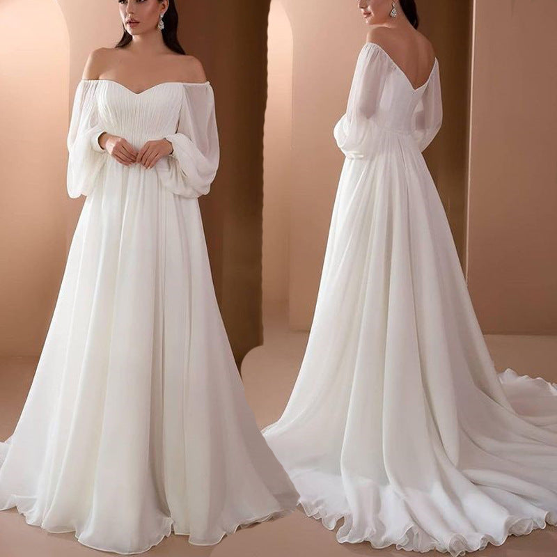 Dress Party long or Wedding pleated chiffon, off-the-shoulder sleeves