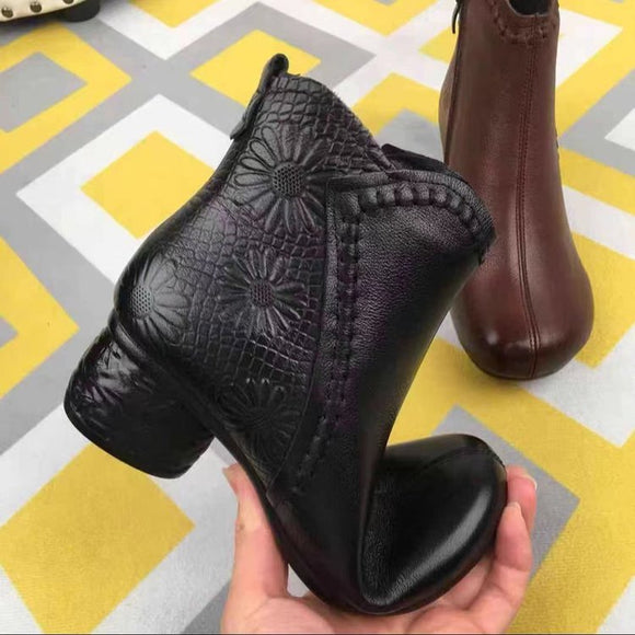 Women’s Ankle Boots Leather Elegant Soft-soled Chunky Heel Warm Fleece