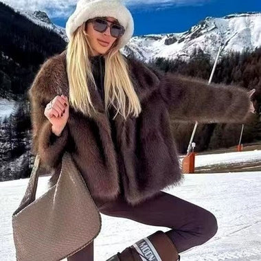 Buy brown Women's Elegant Faux Fur Coat Shawl Collar Fluffy Plush Short Jacket