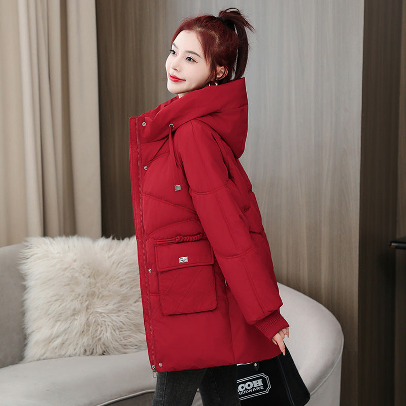 Women's jacket thick mid-length padded cotton hooded down jacket elegant