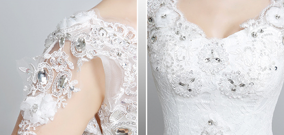 Wedding dress lace with big train, pearls applique, crystal sequins
