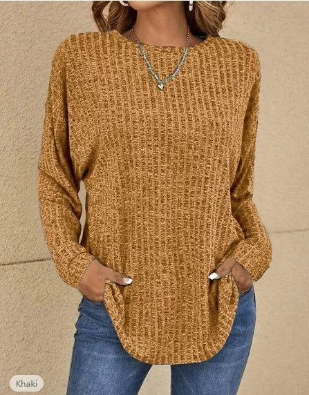 Women's sweater ribbed knit elegant round neck, casual, long sleeves