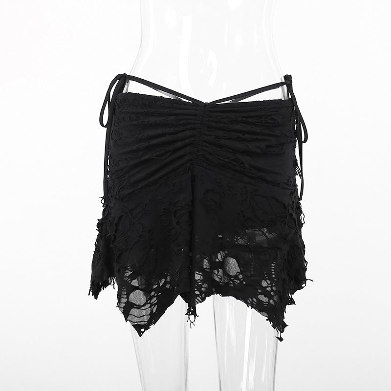 Women's mini skirt low waist lace trapeze drawstring