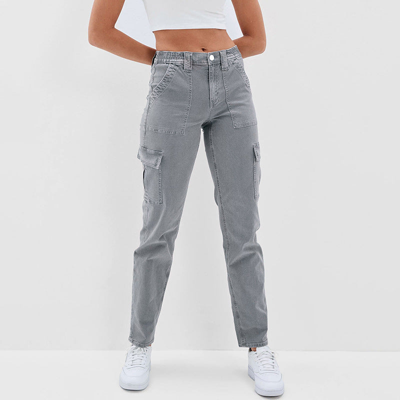 Women's jeans cargo high-waisted, pockets, slim straight jeans, casual