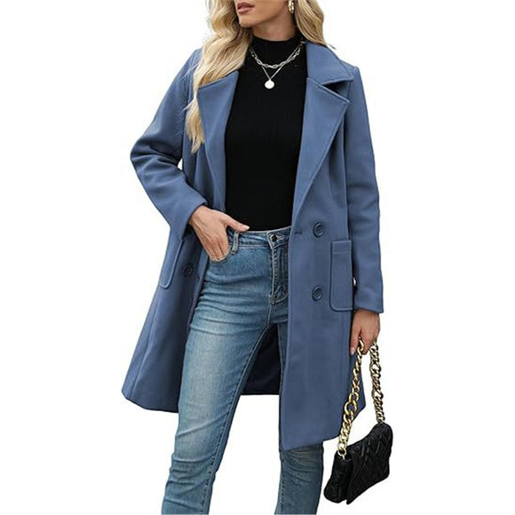 Women’s Coat Elegant Slim-Fit Mid-Length Double-Breasted Turn-Down Collar