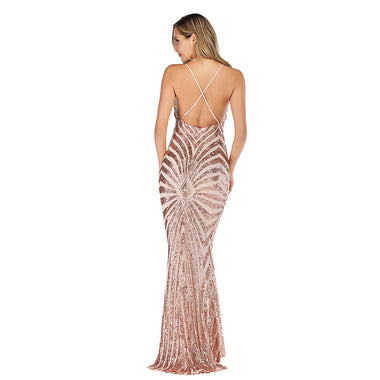 Women’s Elegant Sequin Evening Gown Off the Shoulder Deep V Backless - 0