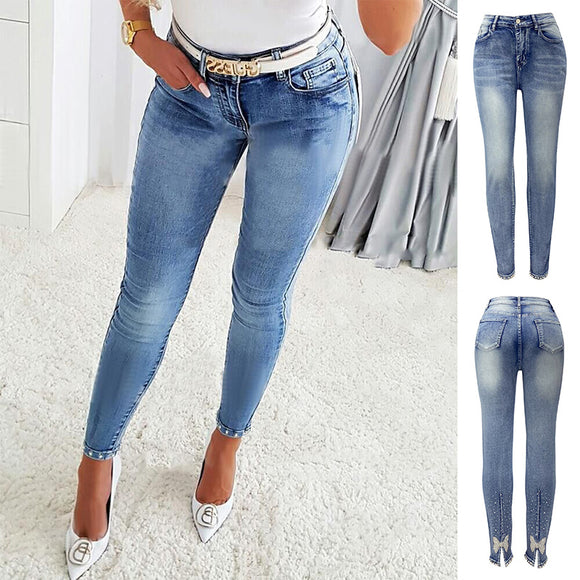 Women's slim jeans elegant , pearls, butterfly, sticky flower, sexy