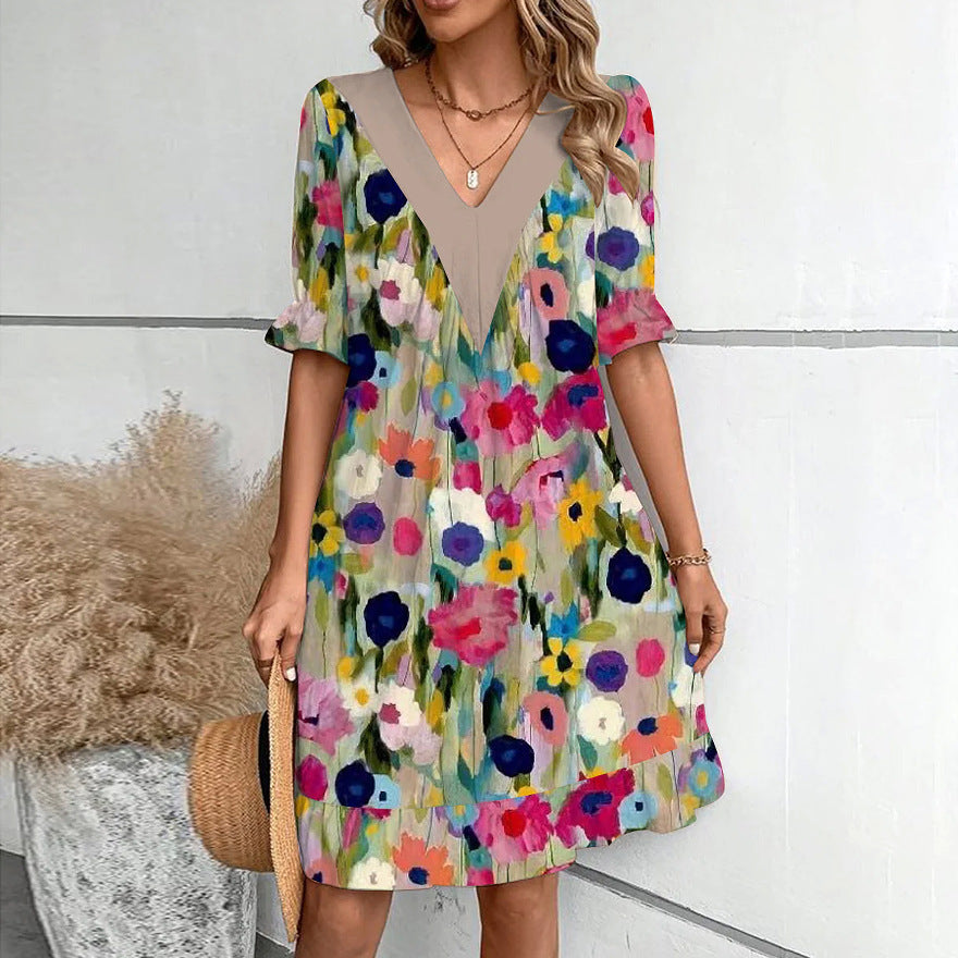 Women's Mini Dress loose short-sleeved V-neck elegant printed